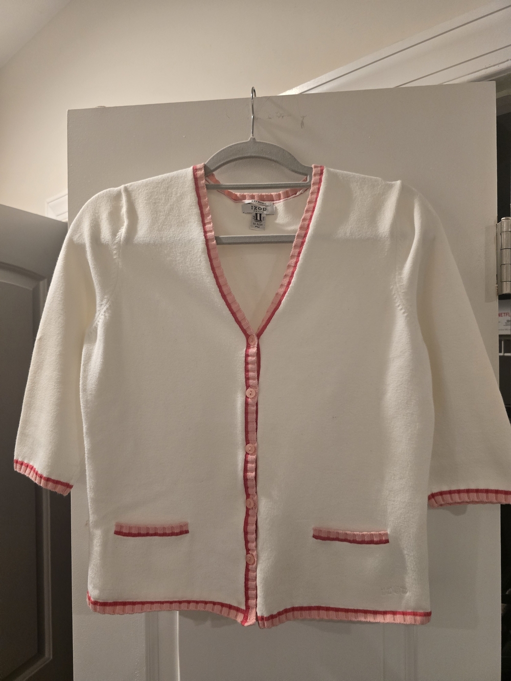 IZOD Petite White Cardigan Pink Trim 3/4 Sleeve Sweater PM